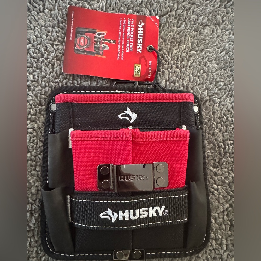 7 in. 3-Pocket Clip On Tool Belt Pouch Husky Red and Black Tool Pouch Firm Price